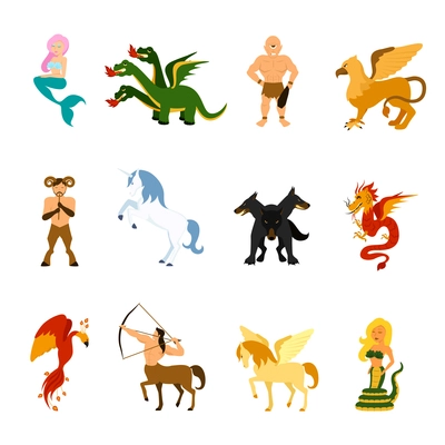 Mythical creatures and monsters from different mythologies and fairy tales flat cartoon images set isolated vector illustration