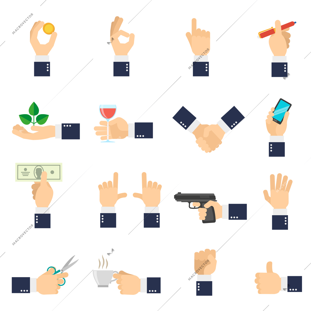 Business hand with different objects icons flat set isolated vector illustration