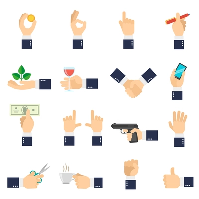 Business hand with different objects icons flat set isolated vector illustration