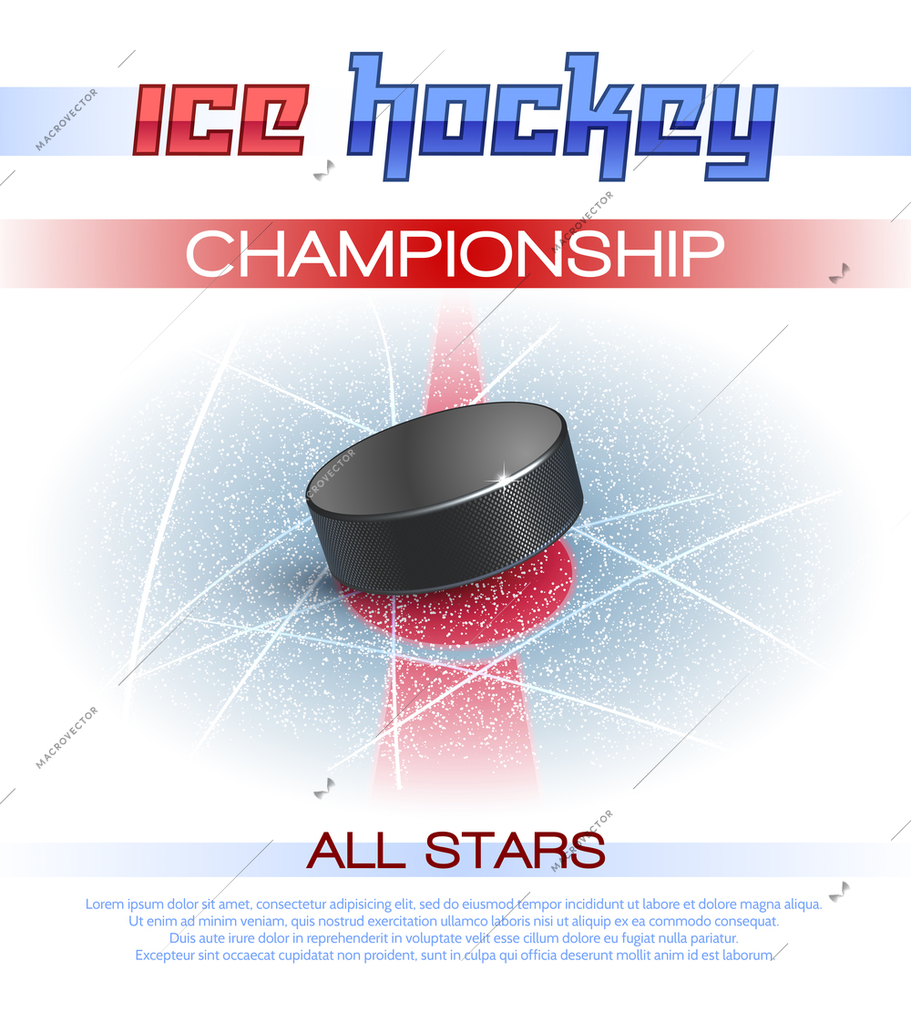 Ice hockey sport championship promo poster with realistic puck vector illustration