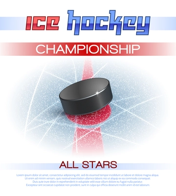 Ice hockey sport championship promo poster with realistic puck vector illustration