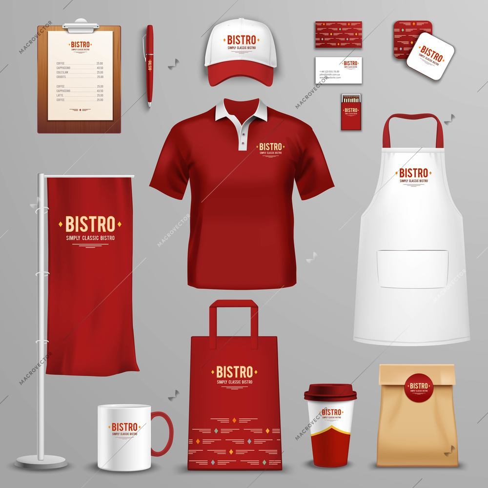 Corporate and identity design for bistro restaurant chain in three colors icons collection abstract isolated vector illustration