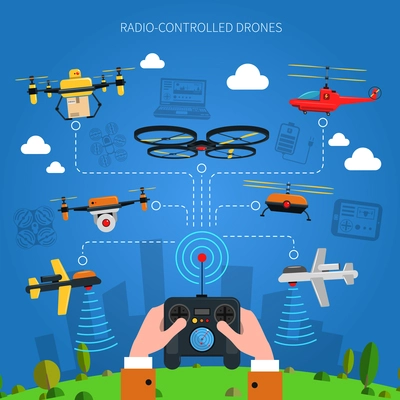 Radio-controlled drones concept with city grass and console in hands flat vector illustration