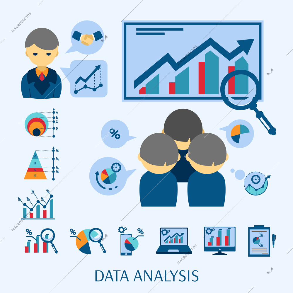 Data analysis software for new business startup market research flat icons composition poster abstract isolated vector illustration