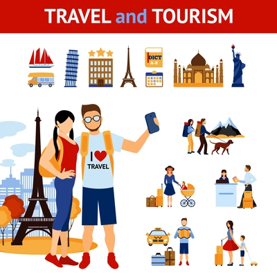 Travel and tourism infographic elements set with landmarks and images of traveling people flat isolated vector illustration
