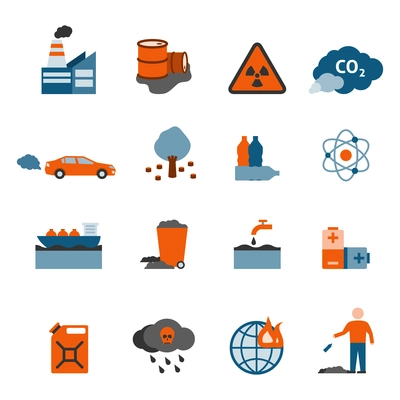 Pollution and garbage icons set with water air and ground pollution symbols flat isolated vector illustration