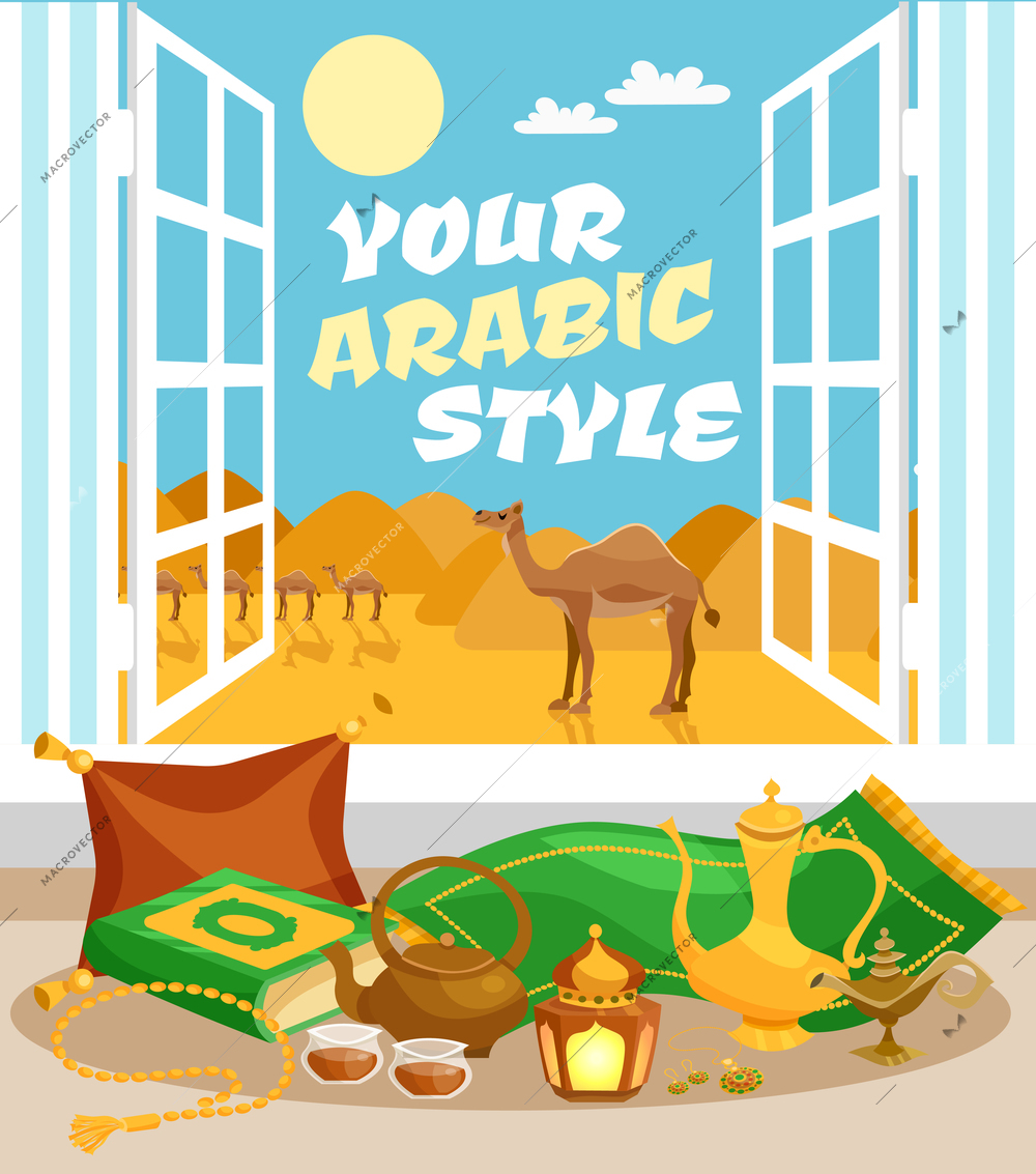 Arabic culture poster with eastern style objects and desert on background vector illustration