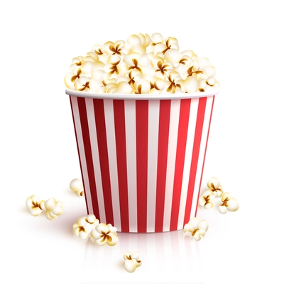 Realistic cinema red cardboard striped popcorn snack bucket vector illustration