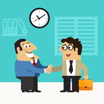 Business life chief executive hires employee handshake scene concept vector illustration