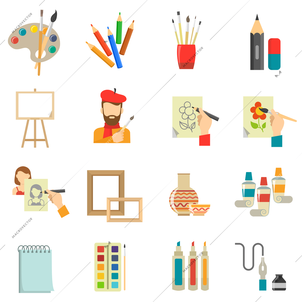 Art icons set with artist tools and paint isolated vector illustration