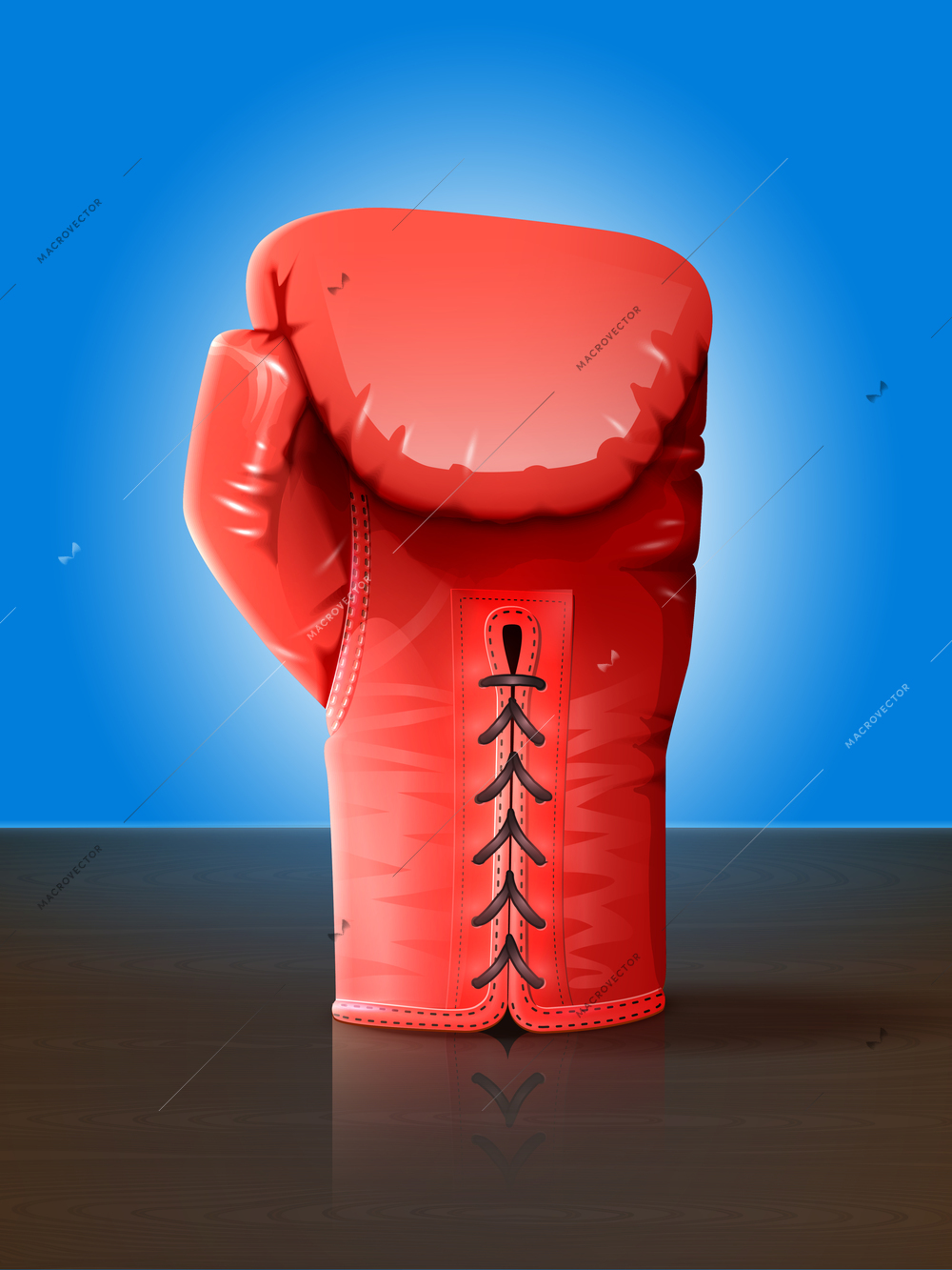 Realistic red leather boxing glove on wooden table vector illustration