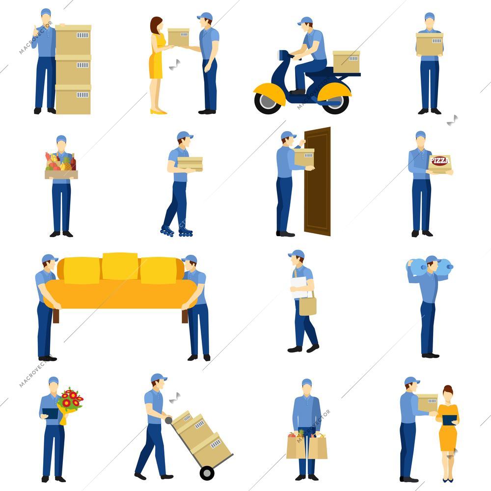 Delivery flat icons set with man silhouettes isolated vector illustration