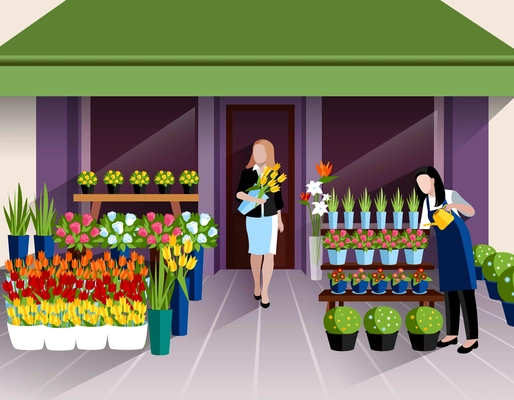 Flower shop window display and customer with bunch of tulips at the entrance banner abstract vector illustration