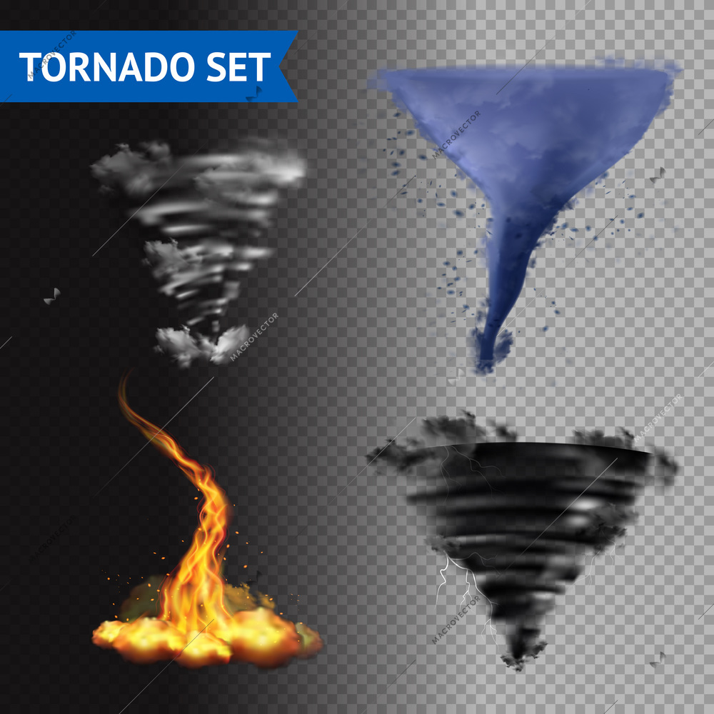 Set of 4 cloud water fire and lightning tornados on transparent background 3d isolated vector illustration