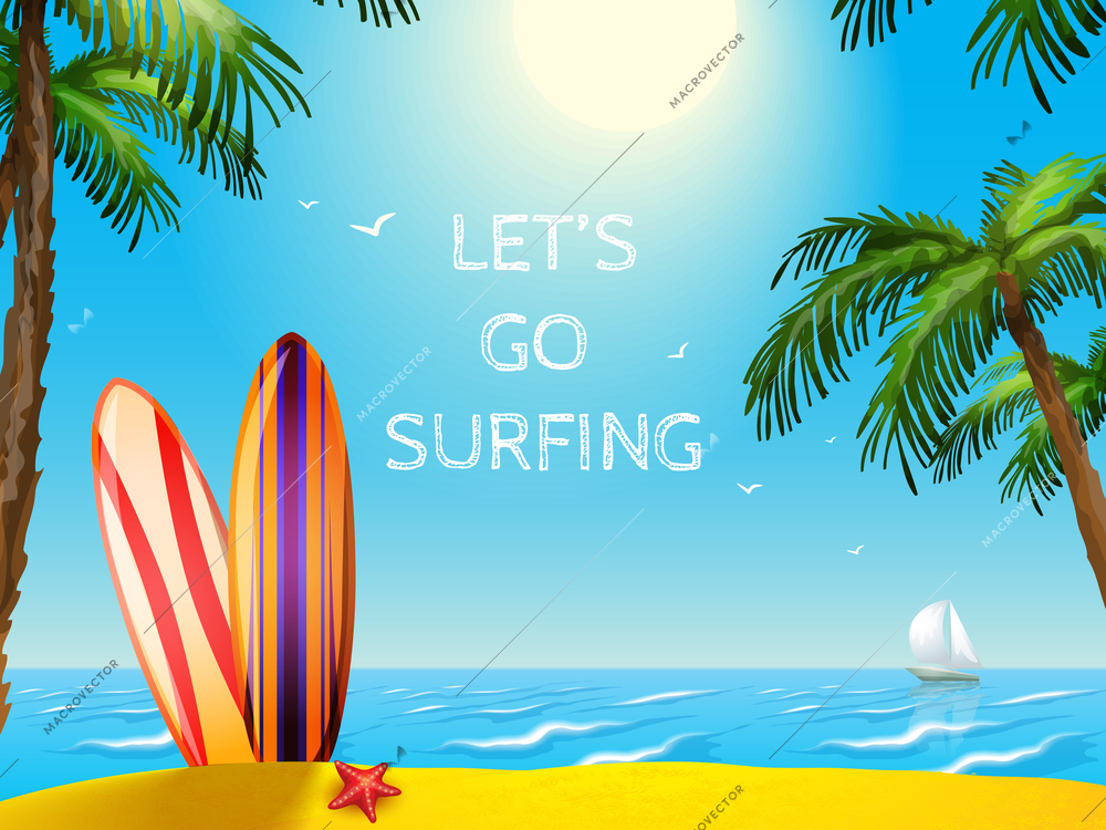 Summer vacation  travel  poster  surfboards   starfish seascape and  sailboat  background vector illustration