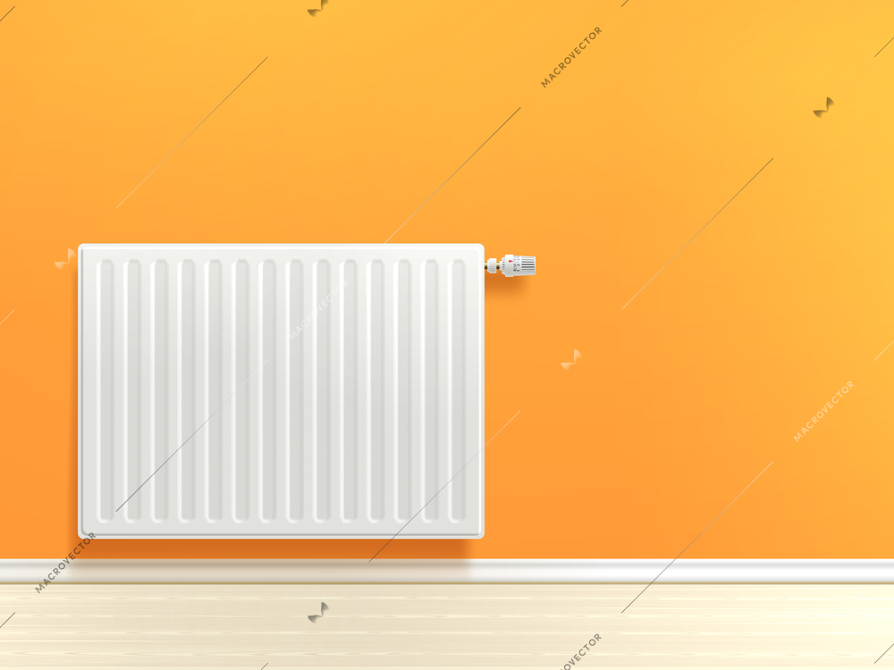 Realistic white heating radiator on orange room wall vector illustration