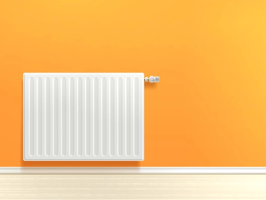 Realistic white heating radiator on orange room wall vector illustration