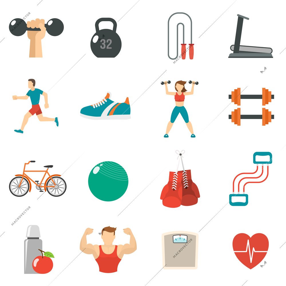 Fitness icon flat set with treadmill dumbbells running man isolated vector illustration