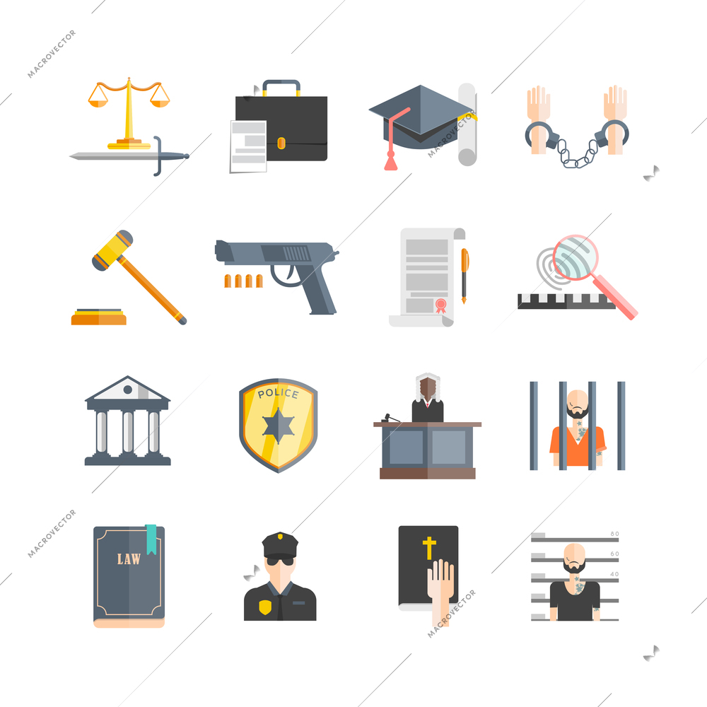 Justice and law enforcement icons set with prison and court flat isolated vector illustration