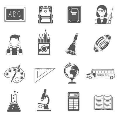 Education icons black set with globe school bus and book isolated vector illustration