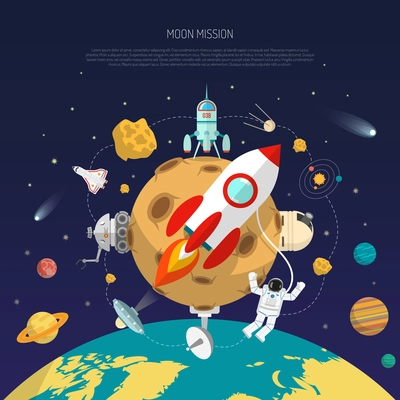 Space mission concept with moon earth and research satellites flat vector illustration