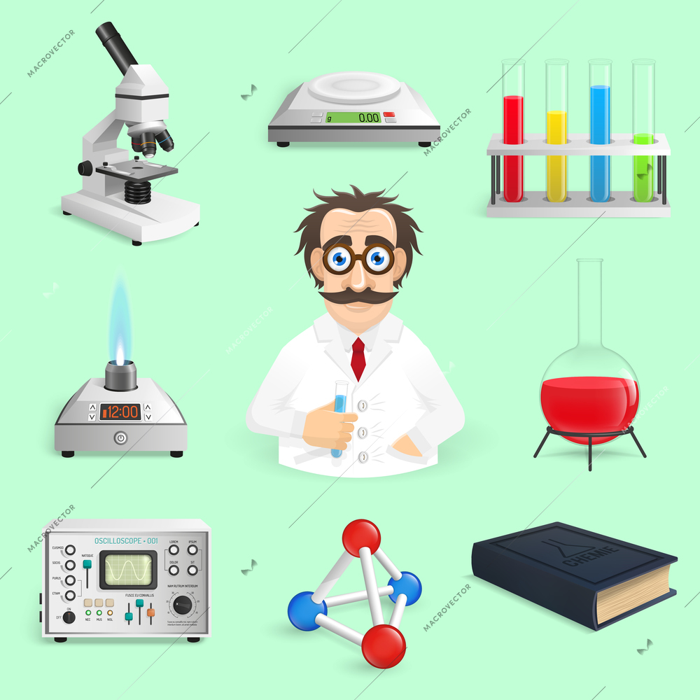 Chemistry lab and science icons realistic set isolated vector illustration