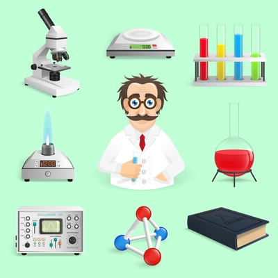 Chemistry lab and science icons realistic set isolated vector illustration