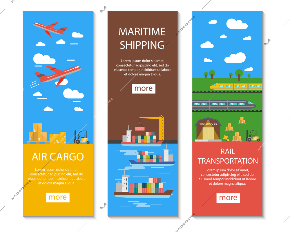 Logistics and delivery vertical banners set with air cargo maritime shipping and rail transportation symbols flat isolated vector illustration