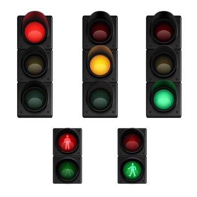 Traffic stop lights signals for transport flow and pedestrians crossing control pictograms collection realistic isolated  vector illustration