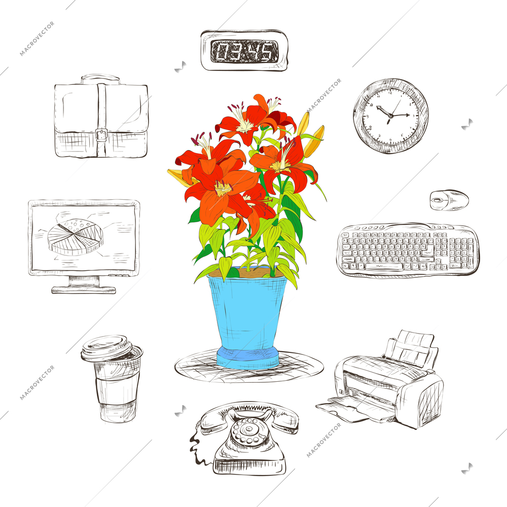 Business office stationery supplies icons set with decorative desktop red flower isolated sketch vector illustration