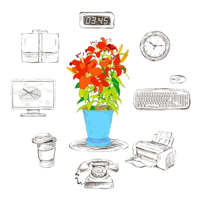 Business office stationery supplies icons set with decorative desktop red flower isolated sketch vector illustration