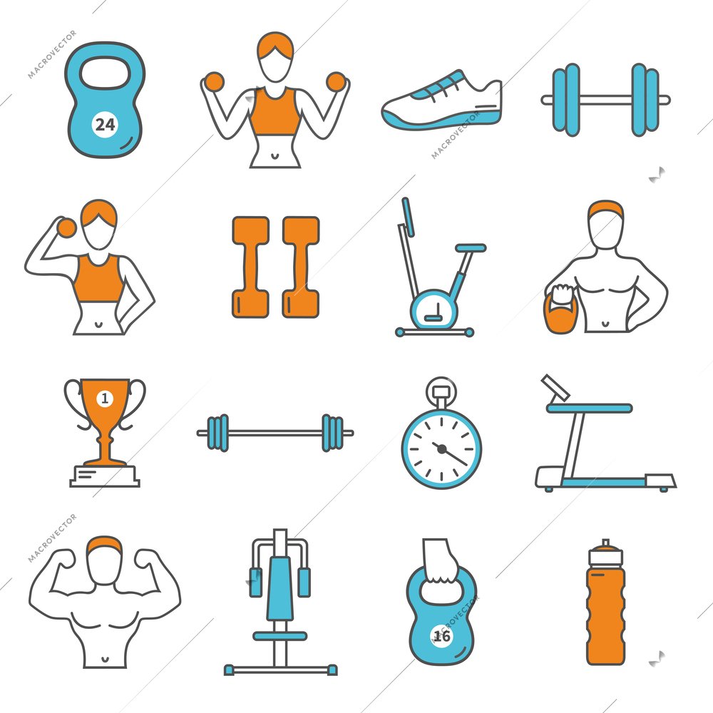 Fitness flat color line icons set with training equipment, athletes and gear isolated vector illustration