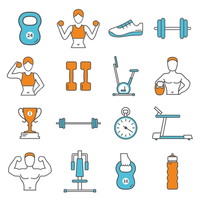 Fitness flat color line icons set with training equipment, athletes and gear isolated vector illustration