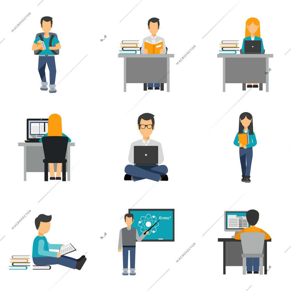 Student studying and reading books flat icons set isolated vector illustration