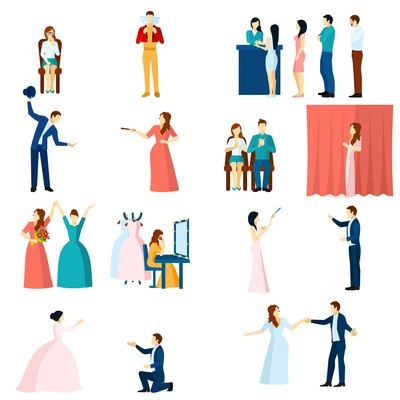 Theater acting flat icons collection with final love scene performance and audience applause abstract isolated vector illustration