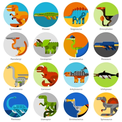 Dinosaur and prehistoric animals icons set flat isolated vector illustration