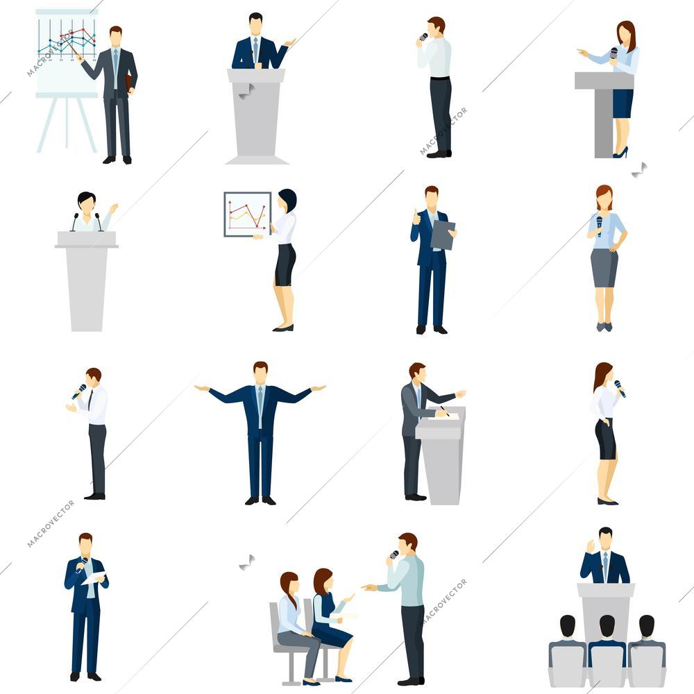 Learning and practicing public speaking skills with workshop coaches  presentations flat icons set abstract isolated vector illustration