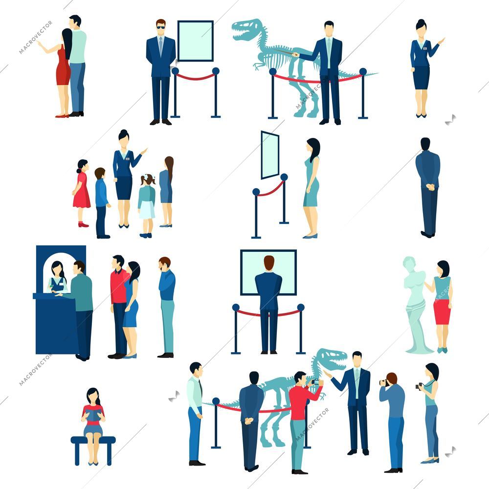 Museum visitors children and adults buying tickets for guided tour flat icons collection abstract isolated vector illustration