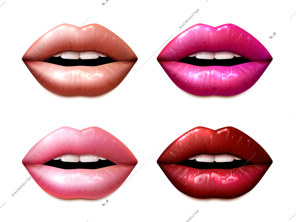 Female lips colored in different lipstic colors isolated vector illustration