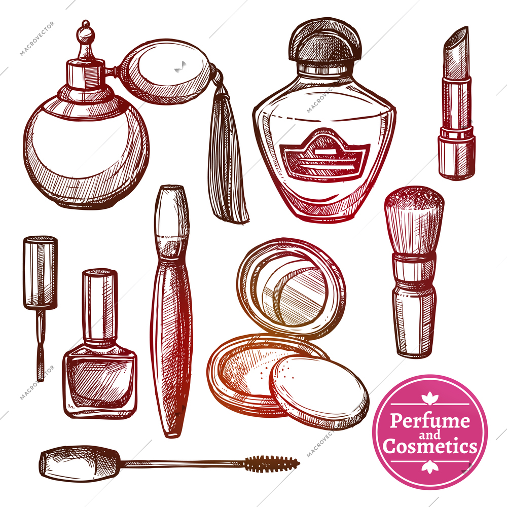 Perfume and cosmetics various elements and accessories set performed in hand drawn style isolated vector illustration