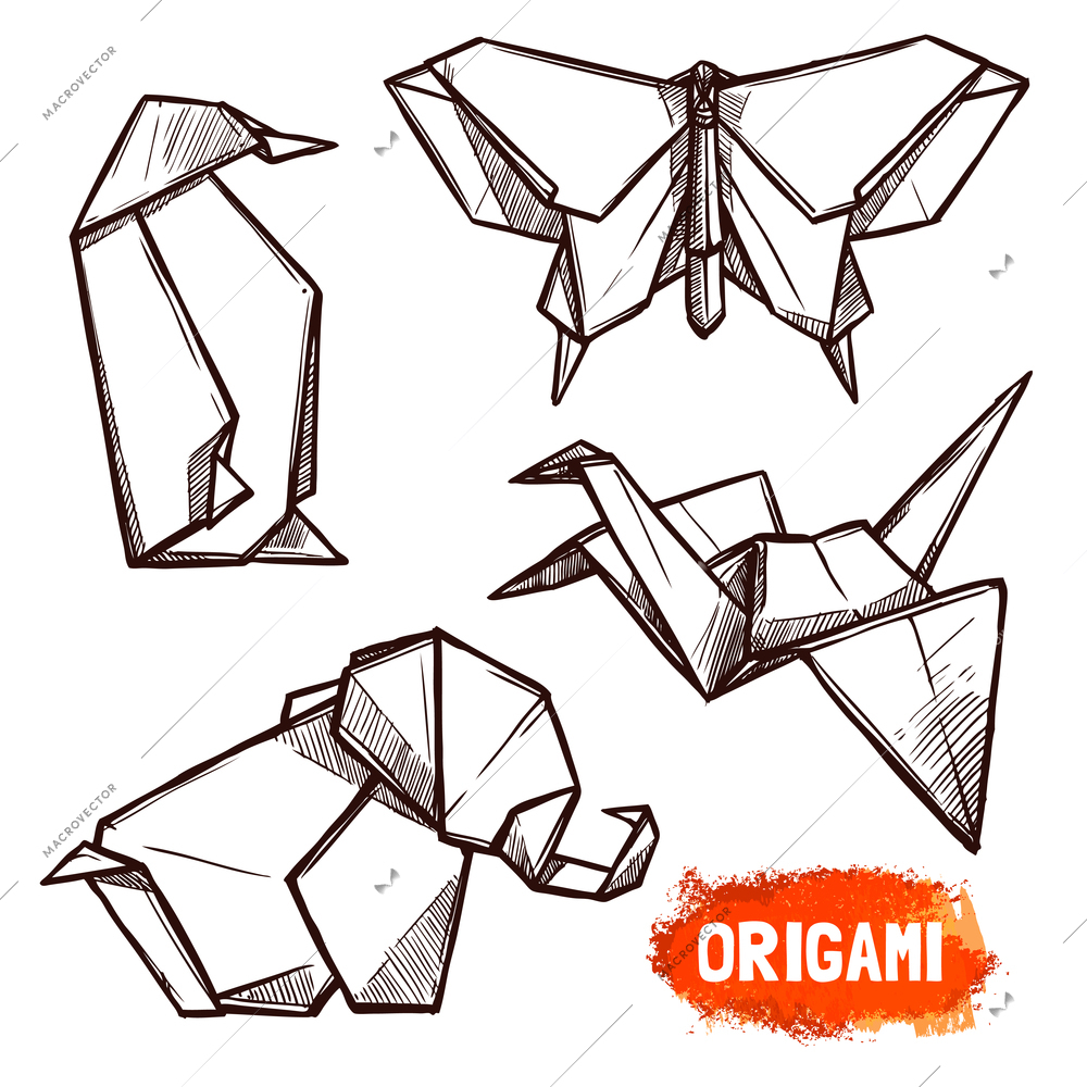 Hand drawn doodle style set of 4 origami figures penguin butterfly elephant swan isolated vector illustration