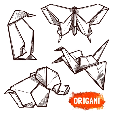 Hand drawn doodle style set of 4 origami figures penguin butterfly elephant swan isolated vector illustration