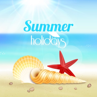 Summer holiday vacation travel background poster with seascape starfish and seashells vector illustration