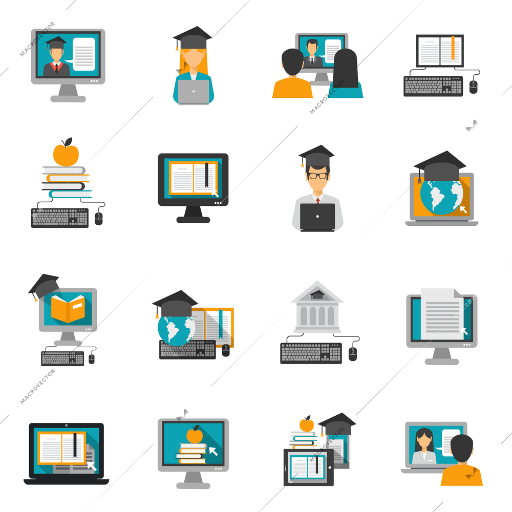 E-learning and online knowledge icons flat set isolated vector illustration