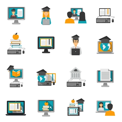 E-learning and online knowledge icons flat set isolated vector illustration