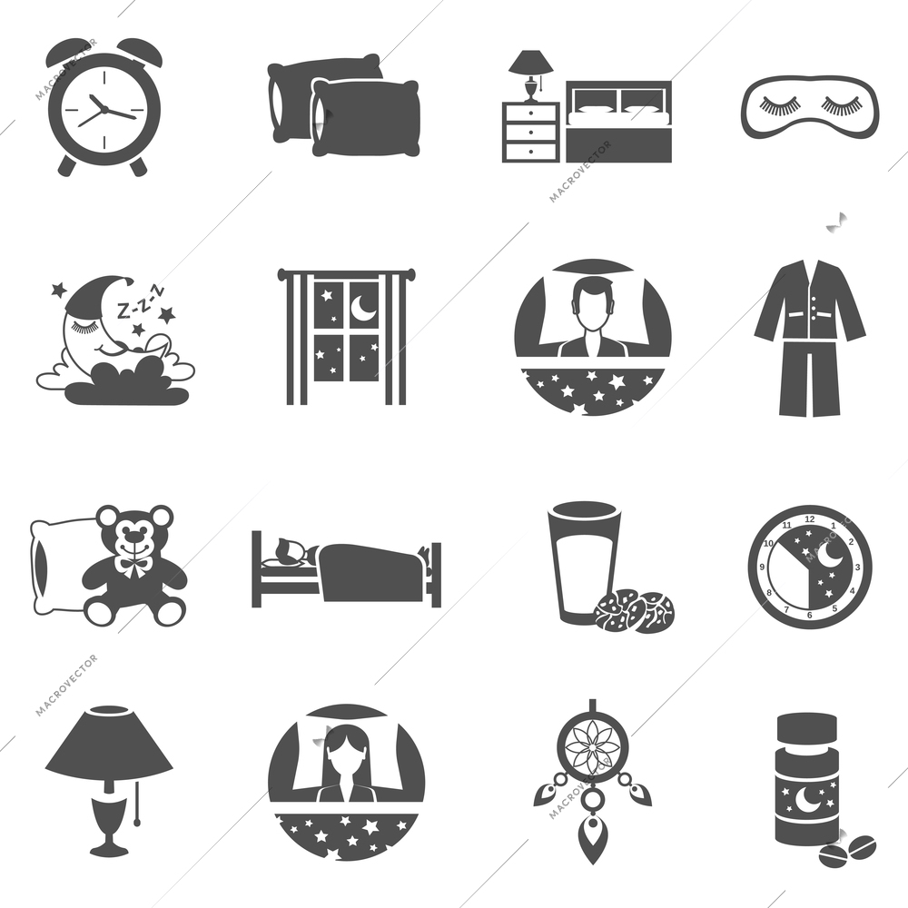 Sleep time black icons set with moon window and pajama isolated vector illustration