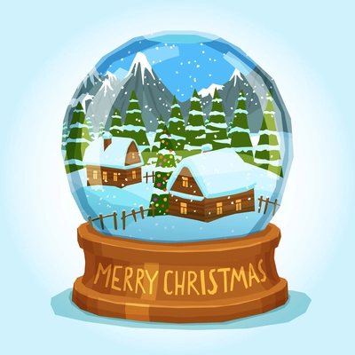 Winter landscape of village spruces and ice peak mountains inside merry christmas snow globe card vector illustration