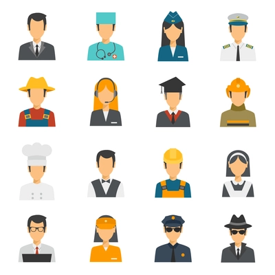 Flat avatar profession set with stewardess labor worker police officer isolated vector illustration