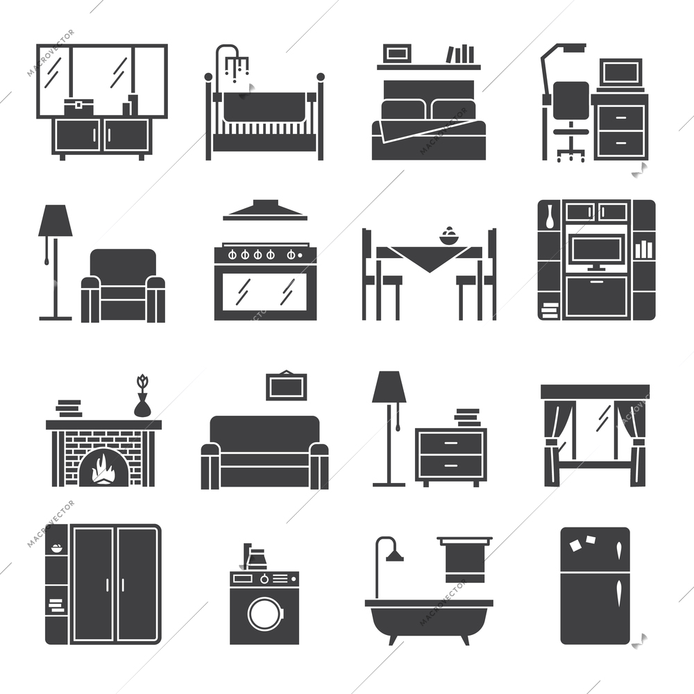 Interior and furniture black white icons set with living room bedroom and kitchen flat isolated vector illustration