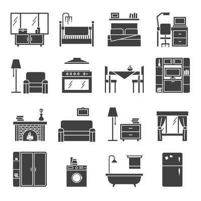 Interior and furniture black white icons set with living room bedroom and kitchen flat isolated vector illustration